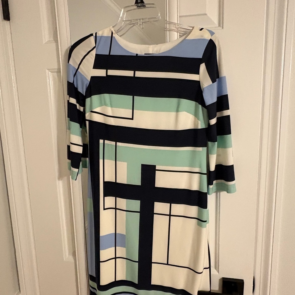 Geometric Patterned Dress - Black, Blue, Green, Cream